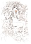  apple food fruit long_hair monochrome nude original rubble sketch solo spot_color traditional_media yoshitomi_akihito 