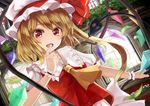  ascot blonde_hair blush bow flandre_scarlet hat hat_bow laevatein muireko open_mouth red_eyes side_ponytail solo touhou window wings wrist_cuffs 