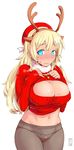  2014 alternate_costume antlers aqua_eyes atago_(kantai_collection) blonde_hair blush breasts cleavage cleavage_cutout clothes_lift cowboy_shot dated fur_collar hat highres kantai_collection large_breasts long_hair looking_at_viewer meme_attire navel nekoguchi open-chest_sweater panties panties_under_pantyhose pantyhose red_panties ribbed_sweater simple_background solo sweat sweater sweater_lift turtleneck underwear wavy_mouth white_background 