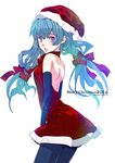  2014 christmas dress elbow_gloves gloves hat hatsune_miku long_hair merry_christmas mouri open_mouth pantyhose santa_hat solo twintails vocaloid white_background 