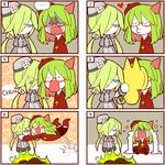  4koma blonde_hair blue_eyes blush burning comic crying demon_girl froze_(haiiro_teien) glasses glomp green_hair haiiro_teien heart horns hug kiss mogeko_(mogeko_castle) mogeko_(okegom) mogeko_castle multiple_4koma multiple_girls silent_comic streaming_tears tears tsundere twintails yosafire yuri 