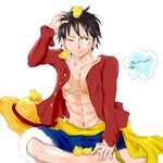  1boy black_hair hat indian_style male male_focus monkey_d_luffy one_piece red_shirt sash scar shirt shorts sitting solo straw_hat 