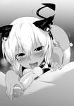  1girl absurdres black_rock_shooter breath censored demon_tail fellatio greyscale hair_ornament hetero highres kneeling lying m-da_s-tarou male_pubic_hair monochrome on_back open_mouth oral penis pubic_hair short_hair strength_(black_rock_shooter) tail tears testicles thighhighs tongue tongue_out tsurime white_legwear 