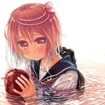  ahoge blush i-58_(kantai_collection) kantai_collection looking_at_viewer open_mouth partially_submerged pink_hair red_eyes school_swimsuit school_uniform serafuku short_hair solo swimsuit swimsuit_under_clothes takanashi torpedo water wet 
