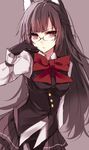  animal_ears aosaki_yukina bad_id bad_twitter_id bangs black_gloves black_hair black_skirt black_vest blunt_bangs bow bowtie breasts buttons collared_shirt commentary contrapposto cowboy_shot eyebrows_visible_through_hair fox_ears glasses gloves grey_background jitome long_hair long_sleeves looking_at_viewer medium_breasts original parted_lips red_eyes red_neckwear shirt simple_background sketch skirt slit_pupils solo standing vest white_shirt 