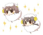  akagi_(kantai_collection) animal_costume animal_ears black_eyes black_hair blush brown_hair chibi horns jitome kaga_(kantai_collection) kantai_collection long_hair multiple_girls rebecca_(keinelove) sheep_costume sheep_ears sheep_horns short_hair side_ponytail simple_background solid_oval_eyes sparkle white_background 