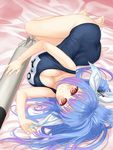  blue_hair breasts cleavage hair_ribbon i-19_(kantai_collection) kantai_collection large_breasts lying on_side one-piece_swimsuit red_eyes ribbon school_swimsuit solo swimsuit takanashi torpedo twintails 