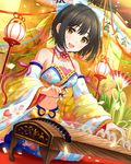  bare_shoulders bird black_hair blush bow breasts confetti detached_collar detached_sleeves eggplant fan floral_print folding_fan hair_bow hakama hawk idolmaster idolmaster_cinderella_girls instrument japanese_clothes jpeg_artifacts koto_(instrument) large_breasts midriff mount_fuji mountain music navel new_year official_art open_mouth playing_instrument plectrum ribbon-trimmed_clothes ribbon_trim short_hair sitting solo streamers takafuji_kako tree wide_sleeves yellow_eyes 