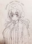  2015 alternate_hairstyle blush breasts happy_new_year headphones huge_breasts looking_at_viewer monochrome new_year nitroplus plump smile solo super_pochaco tsuji_santa twintails 