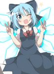  ;d blue_dress blue_eyes blue_hair blush bow cirno do_(4-rt) double_v dress fang hair_bow highres ice ice_wings one_eye_closed open_mouth puffy_short_sleeves puffy_sleeves shirt short_sleeves smile solo touhou v wings 