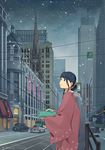  black_hair brown_eyes building bus car church city cloud cloudy_sky commentary ground_vehicle haori highres japanese_clothes kimono kusakabe_(kusakabeworks) looking_up motor_vehicle new_year original ponytail railing railroad_tracks road sky snow snowing street 
