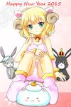  ahoge angora_rabbit animal animal_ears anko_(gochiusa) aqua_eyes bad_id bad_pixiv_id blonde_hair bunny daiso gochuumon_wa_usagi_desu_ka? happy_new_year horns kirima_sharo looking_at_viewer navel new_year sheep_ears sheep_horns short_hair sitting smile tippy_(gochiusa) wild_geese 