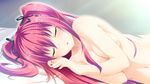  1girl bed blush breasts collarbone eyes_closed game_cg hair_ribbon happy highres kimishima_ao large_breasts long_hair lying mitsu_king navel nude on_side open_mouth otome_ga_kanaderu_koi_no_aria pillow red_hair ribbon shiny shiny_skin solo twintails zinno 