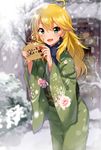  ahoge blonde_hair blush ema green_eyes hoshii_miki idolmaster idolmaster_(classic) japanese_clothes kimono kurokin long_hair looking_at_viewer obi open_mouth sash smile snowing solo 