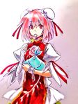  bandages bun_cover chinese_clothes cuffs dango double_bun eating flower food ibaraki_kasen nayutaro pink_eyes pink_hair rose sack sanshoku_dango short_hair sketch skewer skirt solo tabard touhou wagashi 