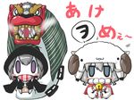  2girls :3 alternate_costume animal_costume bell blue_eyes blush_stickers cape chibi commentary ema goma_(gomasamune) horns kantai_collection lion_dance multiple_girls purple_eyes re-class_battleship scarf sheep_costume shinkaisei-kan short_hair silver_hair steam tail wo-class_aircraft_carrier 