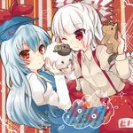  blue_hair bow fujiwara_no_mokou hair_bow happy_new_year hat heart horse kamishirasawa_keine long_hair multiple_girls new_year one_eye_closed red_eyes sheep takamura touhou white_hair 