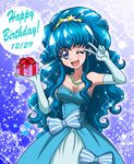  ;d blue_dress blue_eyes blue_gloves blue_hair bow breasts cleavage dress elbow_gloves gift gloves hanzou happinesscharge_precure! happy_birthday jewelry long_hair medium_breasts necklace one_eye_closed open_mouth pearl_necklace ponytail precure shirayuki_hime smile solo v 