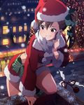  bag bow brown_eyes building futami_mami hair_bow hair_ornament hat idolmaster idolmaster_(classic) idolmaster_million_live! lights official_art road rooftop santa_costume santa_hat sidewalk smile solo_focus standing star street text_focus tree 