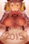  2015 ahobaka artist_name belly blush breasts chinese_new_year chinese_zodiac embarrassed fat horns huge_breasts long_hair looking_at_viewer looking_down monster_girl new_year original pale_skin ribbed_sweater sheep_girl sheep_horns solo sweater very_long_hair wavy_mouth white_hair wool wristband year_of_the_goat yellow_eyes 