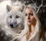  artist_request blonde_hair blue_eyes blurry blurry_background character_request grey_eyes hair_ornament long_hair looking_to_the_side portrait realistic solo source_request white_hair wolf 