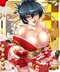  1girl black_hair blush breasts butterfly cleavage cup green_eyes hair_ornament hairpin igawa_asagi japanese_clothes kagami kagami_hirotaka kimono large_breasts lilith-soft sake solo taimanin_asagi taimanin_asagi_battle_arena tsurime 