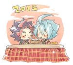  2boys blue_hair blush chopsticks closed_eyes cloud eating eyebrows food forked_eyebrows future_card_buddyfight heart kotatsu male_focus mikado_gaou mochi multicolored_hair multiple_boys new_year red_hair ryuuenji_tasuku sharing_food table tobi_(one) two-tone_hair white_background yaoi |_| 