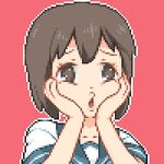  brown_eyes brown_hair cheek_squash fubuki_(kantai_collection) hands_on_own_face kantai_collection kuavera long_hair lowres open_mouth outline parody pixel_art poi_face school_uniform serafuku short_sleeves simple_background solo 