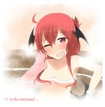  ;d ahoge bat_wings bathing blush breasts collarbone head_wings koakuma long_hair looking_at_viewer low_wings nobamo_pieruda one_eye_closed open_mouth red_eyes red_hair small_breasts smile solo touhou towel water wings 