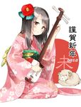  2015 bachi black_hair brown_eyes instrument japanese_clothes kimono long_hair miyabi_akino original pink_kimono plectrum shamisen sheep solo 