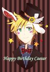  animal_ears blonde_hair bow bowtie bunny_ears caesar_anthonio_zeppeli earrings extra_ears facial_mark feathers happy_birthday hat jewelry jojo_no_kimyou_na_bouken kemonomimi_mode male_focus nishima_(0138ry) solo top_hat 