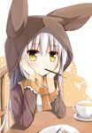  cup food head_rest long_hair looking_at_viewer mouth_hold original pocky solo teacup white_hair yellow_eyes yuuhagi_(amaretto-no-natsu) 