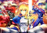  2boys archer artoria_pendragon_(all) electricity excalibur fate/stay_night fate_(series) gae_bolg glowing glowing_sword glowing_weapon highres kkuwa lancer md5_mismatch multiple_boys polearm saber spear sword weapon 