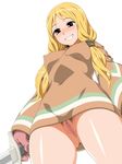  :d blonde_hair blush breasts butakoma_300g censored clitoris covered_nipples final_fantasy final_fantasy_tactics from_below geomancer_(fft) gloves grin highres holding holding_sword holding_weapon long_hair long_sleeves medium_breasts mosaic_censoring no_panties open_mouth pubic_hair pussy red_eyes simple_background smile solo standing sword teeth weapon white_background 