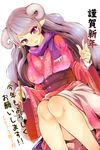  2015 bare_legs breasts calligraphy_brush horns japanese_clothes kimono large_breasts long_hair looking_at_viewer new_year obi original paintbrush pointy_ears purple_eyes sash silver_hair simple_background sitting smile solo tousen translation_request white_background 