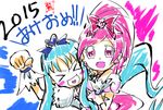  &gt;_&lt; 2girls :d blue_eyes blue_hair blush_stickers bow closed_eyes cure_blossom cure_marine hair_ornament hanasaki_tsubomi heart heart_in_mouth heartcatch_precure! kurumi_erika long_hair magical_girl multiple_girls new_year open_mouth pink_bow pink_eyes pink_hair ponytail precure ribbon shifuu_(busou_teikoku) simple_background sketch smile wrist_cuffs xd 