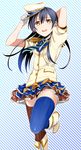  blue_hair boots costume_request epaulettes frilled_skirt frills gloves hat hat_tip kamekoya_sato long_hair looking_at_viewer love_live! love_live!_school_idol_project mismatched_legwear necktie open_mouth skirt solo sonoda_umi striped striped_background thighhighs white_footwear yellow_eyes zettai_ryouiki 