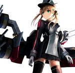  akabane_rin anchor_hair_ornament aqua_eyes black_legwear black_ribbon black_skirt blonde_hair hair_ornament hair_ribbon hat kantai_collection long_hair long_sleeves machinery microskirt military military_uniform panties peaked_cap pleated_skirt prinz_eugen_(kantai_collection) ribbon simple_background skirt smile solo thighhighs turret underwear uniform white_background white_panties 