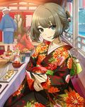  2girls alcohol alternate_hairstyle artist_request blue_eyes brown_hair faceless faceless_female food green_eyes heterochromia idolmaster idolmaster_cinderella_girls japanese_clothes kimono mole mole_under_eye multiple_girls official_art sake sushi takagaki_kaede tree 