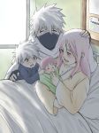  2boys 2girls black_facemask female green_eyes haruno_sakura hatake_kakashi if_they_mated male multiple_boys multiple_girls naruto naruto_(series) pink_hair white_hair 