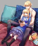  1girl 2015 alternate_costume artoria_pendragon_(all) blonde_hair blue_dress calbee_(potato_chips) chips dress earrings fate/stay_night fate_(series) food frilled_dress frills gilgamesh highres jewelry lorein playing_games product_placement saber sensha_otoko socks 