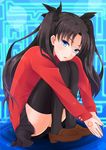  black_hair blue_eyes command_spell eden002525 fate/stay_night fate_(series) hair_ribbon ribbon solo thighhighs toosaka_rin two_side_up 