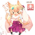  &gt;_&lt; :d ahoge animal_ears blonde_hair closed_eyes hair_ornament hakama horns japanese_clothes kazato_fuuchi long_hair looking_at_viewer open_mouth original purple_hakama scarf sheep_horns smile solo tail wolf_ears wolf_tail xd 