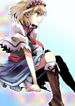  alice_margatroid ascot blonde_hair blue_dress blue_eyes boots brown_footwear capelet cross-laced_footwear dress hairband lace-up_boots mitsunara open_mouth short_hair sitting touhou 