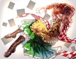  adjusting_eyewear apron bell boots brown_eyes brown_footwear brown_hair cross-laced_footwear glasses highres japanese_clothes kimono lace-up_boots looking_at_viewer motoori_kosuzu solo touhou two_side_up uu_uu_zan 
