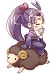  alternate_costume chibi d_omm fan hatsuharu_(kantai_collection) headgear japanese_clothes kantai_collection kimono long_hair long_ponytail purple_hair sheep 