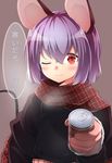 animal_ears blush can canned_coffee coffee grey_hair highres mouse_ears mouse_tail nazrin nogisaka_kushio one_eye_closed red_eyes scarf short_hair smile solo tail touhou translated 