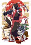  2015 asa_no_ha_(pattern) bad_id bad_pixiv_id barefoot bird black_eyes black_hair blood chinese_lantern_(plant) choko_(cup) club crane_(animal) cup egasumi fish hoozuki_(hoozuki_no_reitetsu) hoozuki_no_reitetsu horn japanese_clothes kanabou male_focus masu mouth_hold over_shoulder pointy_ears rock scroll sitting solo tokkuri weapon weapon_over_shoulder yadokugaeru yagasuri 