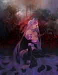  black_footwear blindfold blood blood_in_mouth boots breasts cleavage fate/stay_night fate_(series) flower large_breasts long_hair matoba_(ga6life) purple_hair rider solo spider_lily thigh_boots thighhighs very_long_hair 