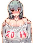  2014 blush breasts hyougintou large_breasts lips long_hair looking_at_viewer original rozen_maiden shirt shirt_lift silver_hair simple_background smile solo t-shirt tsuda_nanafushi white_background yellow_eyes 